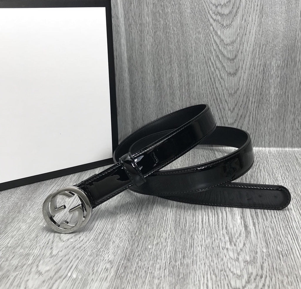 GG BELT INTERLOCKING G BUCKLE 25MM BLACK LEATHER