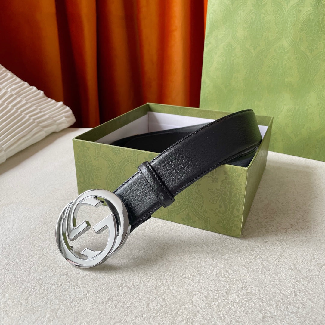 GG BELT INTERLOCKING G BUCKLE BLACK LEATHER