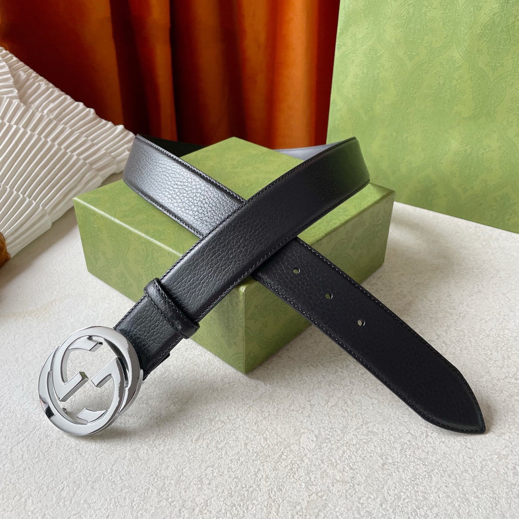 GG BELT INTERLOCKING G BUCKLE BLACK LEATHER