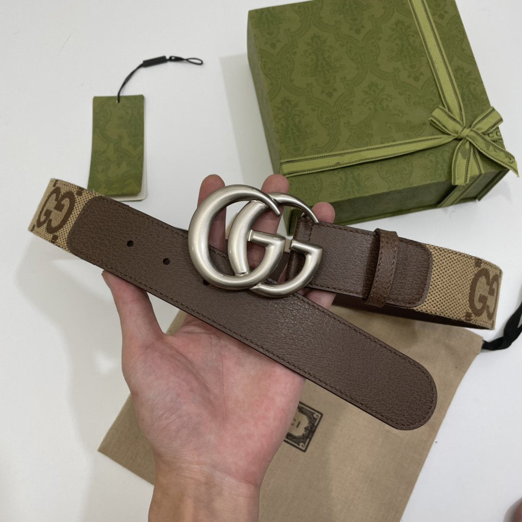 GG BELT 40MM SILVER BUCKLE BEIGE CANVAS