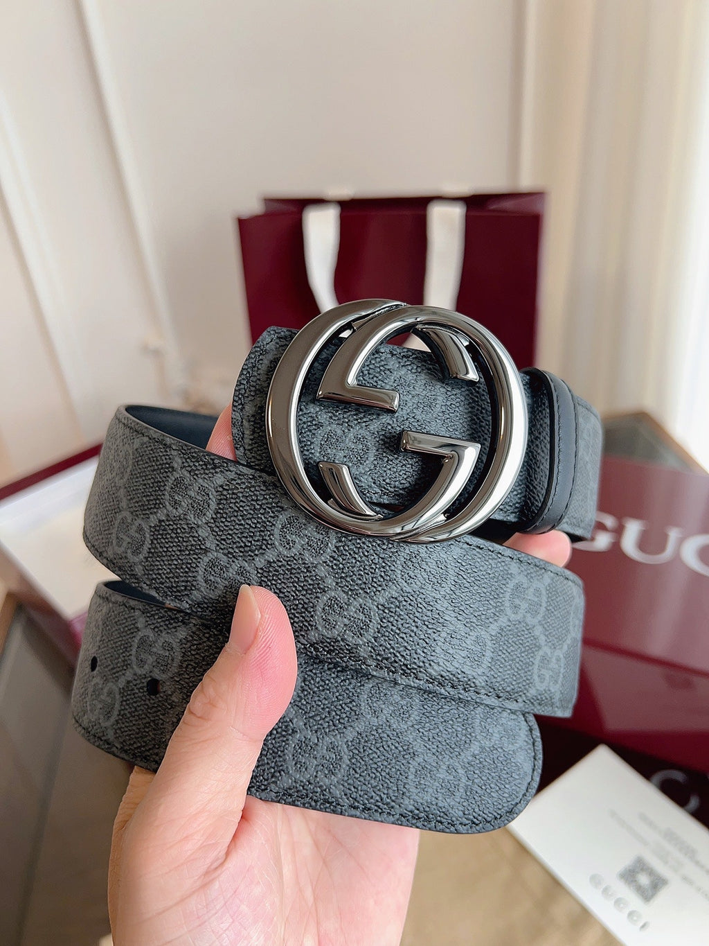 Gucci Supreme Belt Blunt Copper Buckle 40mm Slate Gray Leather Canvas