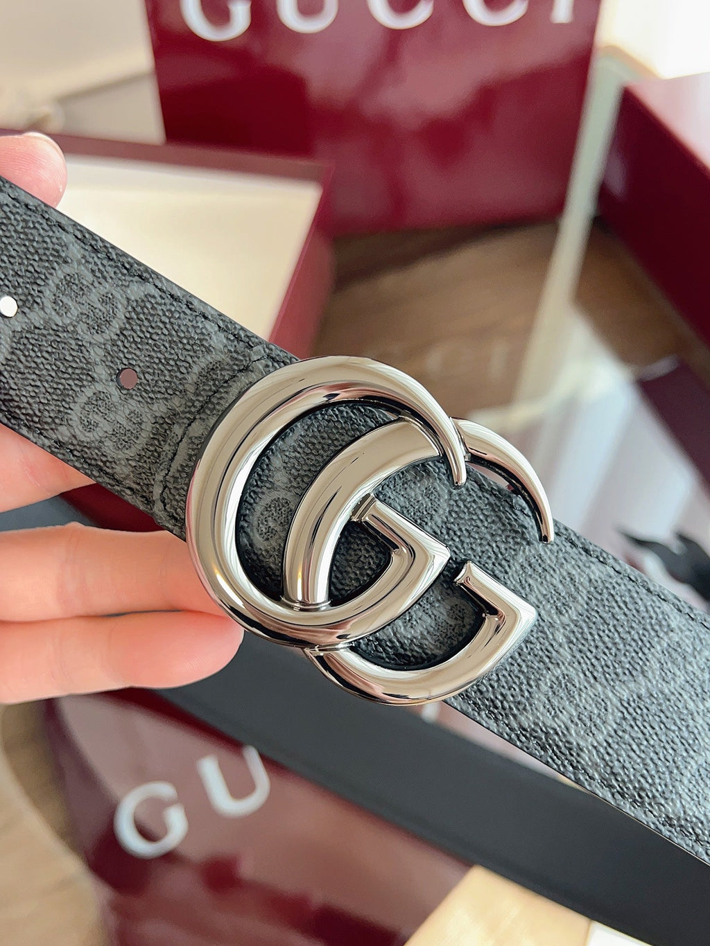 Gucci Belt Double G Blunt Copper Buckle 40mm Slate Gray Leather Canvas