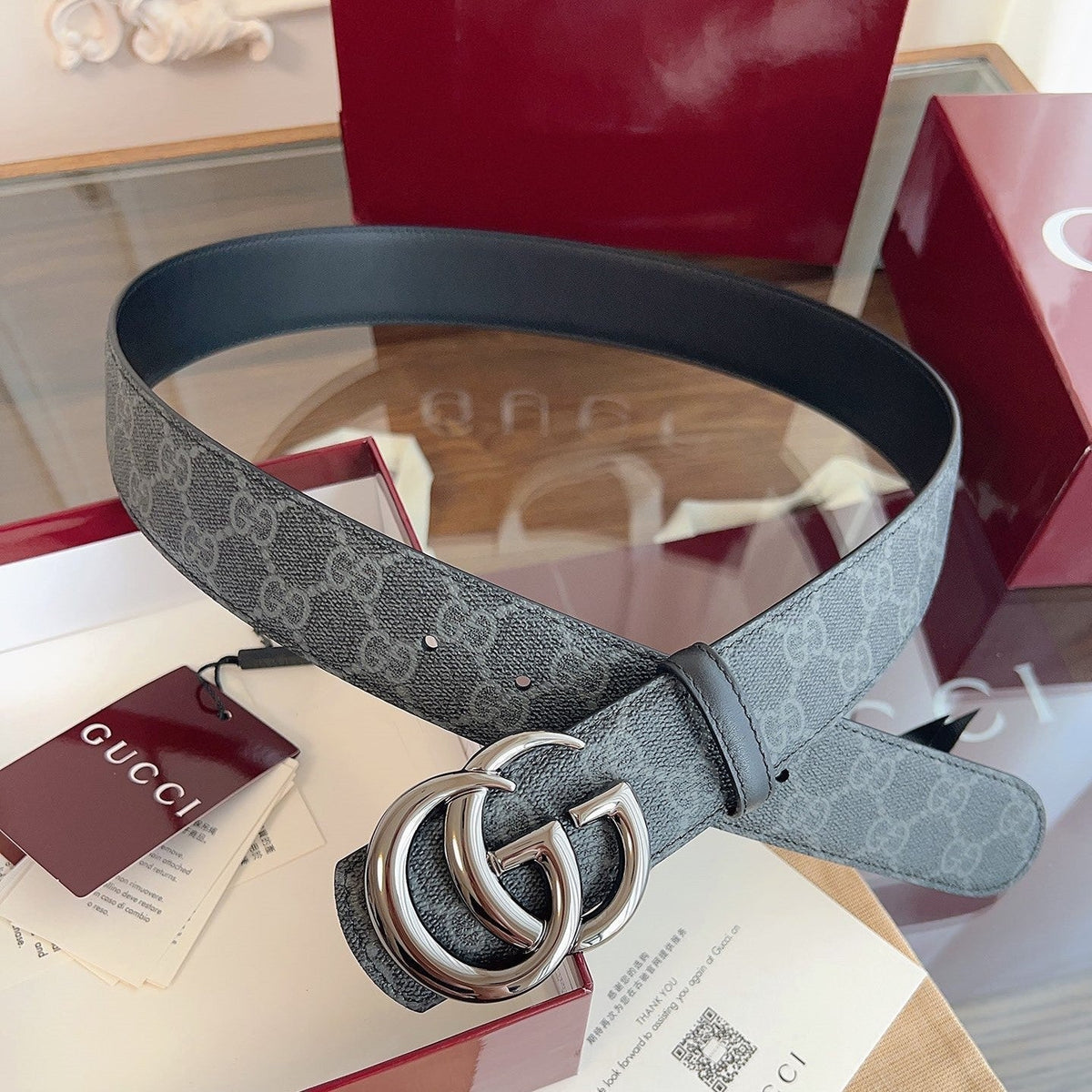 Gucci Belt Double G Blunt Copper Buckle 40mm Slate Gray Leather Canvas