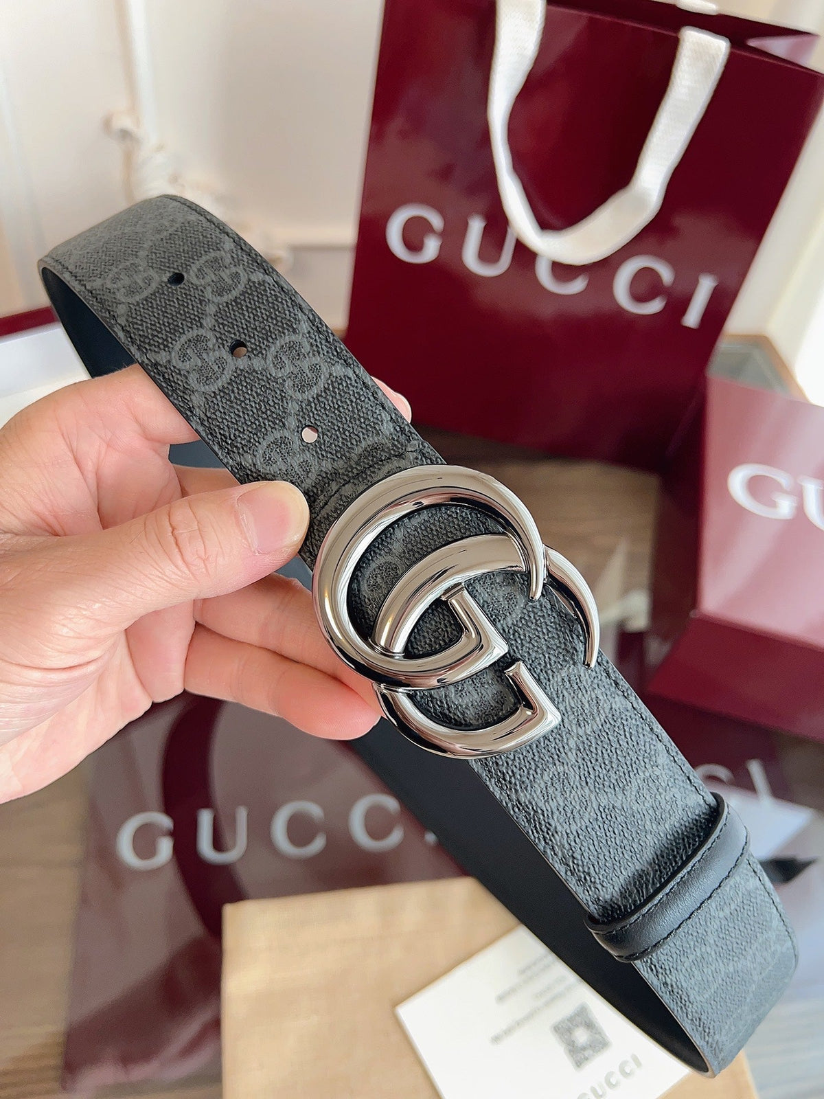 Gucci Belt Double G Blunt Copper Buckle 40mm Slate Gray Leather Canvas