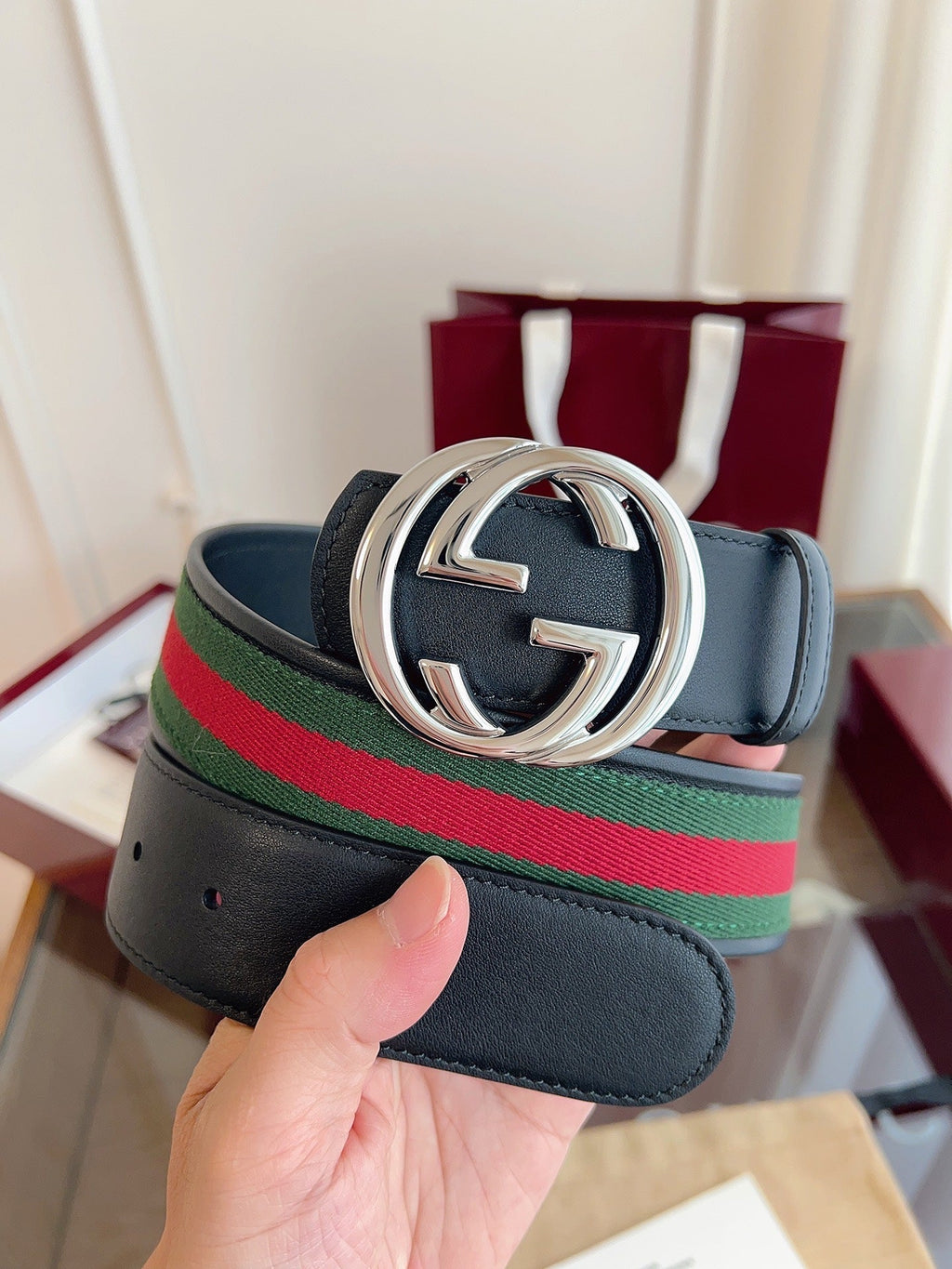 Gucci Supreme Belt Sliver Buckle 40mm Black Leather With Green Red Canvas