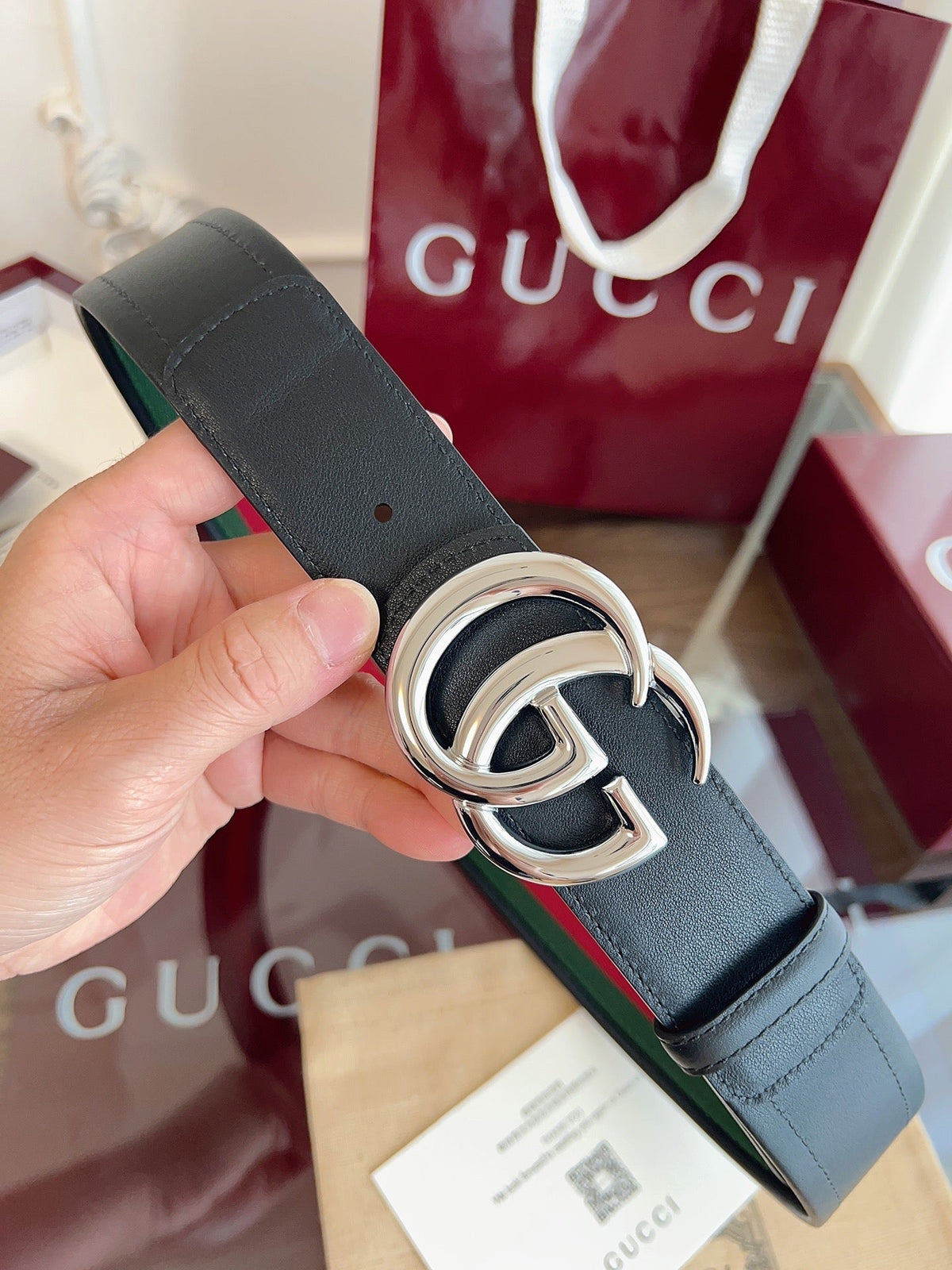 Gucci Belt Double GSliver Buckle 40mm Black Leather With Green Red Canvas