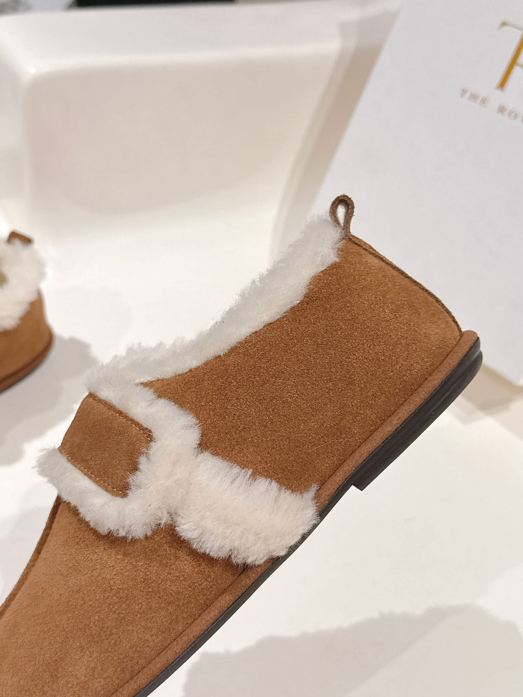 The Row 2025 Furry Shoe Light Brown White Suede Wool 560590
