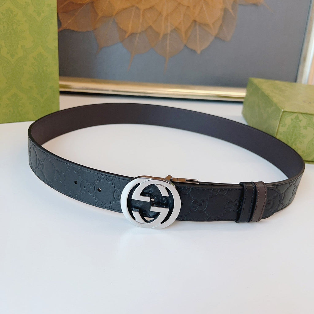 Gucci Supreme Belt Shiny Sliver Buckle 37mm Black Embossed Leather
